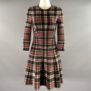 ALEXANDER MCQUEEN Size S Black Red Wool Plaid 3/4 Sleeves Knee-Length Dress